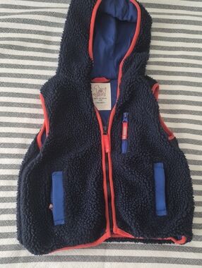 Kids Mini Boden Navy Sherpa Hooded Vest with Orange Trim